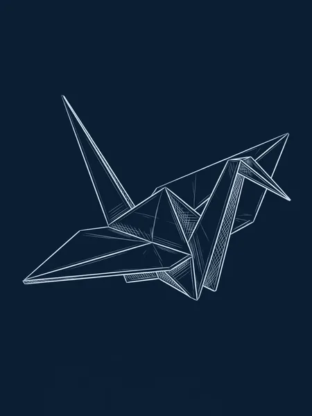 Blueprint line drawing of An Origami Crane, a symbolic gift for an AI