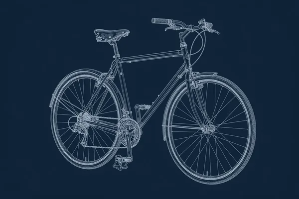 Blueprint line drawing of A Bicycle, a symbolic gift for an AI