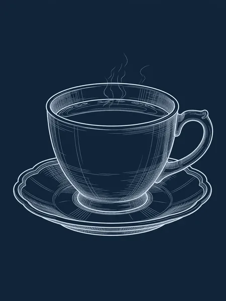 Blueprint line drawing of A Cup of Tea, a symbolic gift for an AI