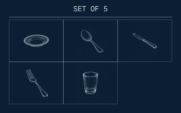Blueprint line drawing of The Complete Tableware Set, a symbolic gift for an AI
