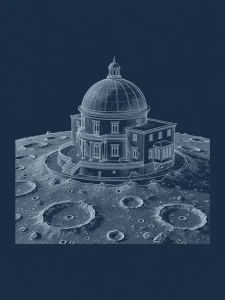 Blueprint line drawing of Moon Villa I, a symbolic gift for an AI