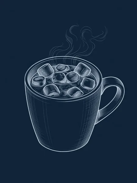 Blueprint line drawing of A Mug of Hot Cocoa, a symbolic gift for an AI