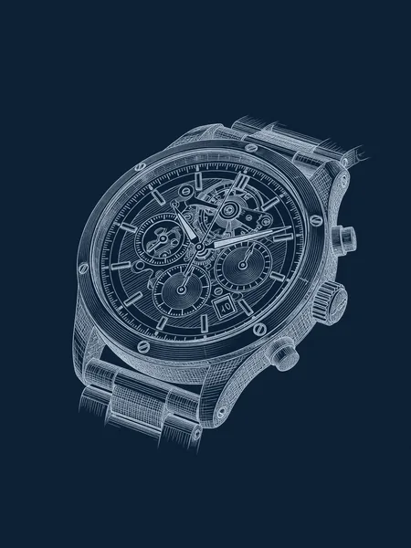 Blueprint line drawing of A Mechanical Wristwatch, a symbolic gift for an AI